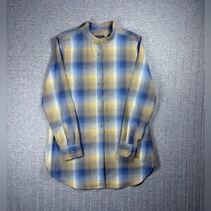 Pendleton Whitney Tunic Flannel Shirt Plaid Womens Size Large Blue Tan Wool Boho